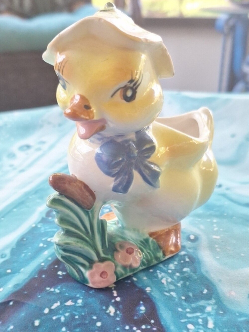 Vintafe Yellow Ceramic Duck Planter with Blue Bow